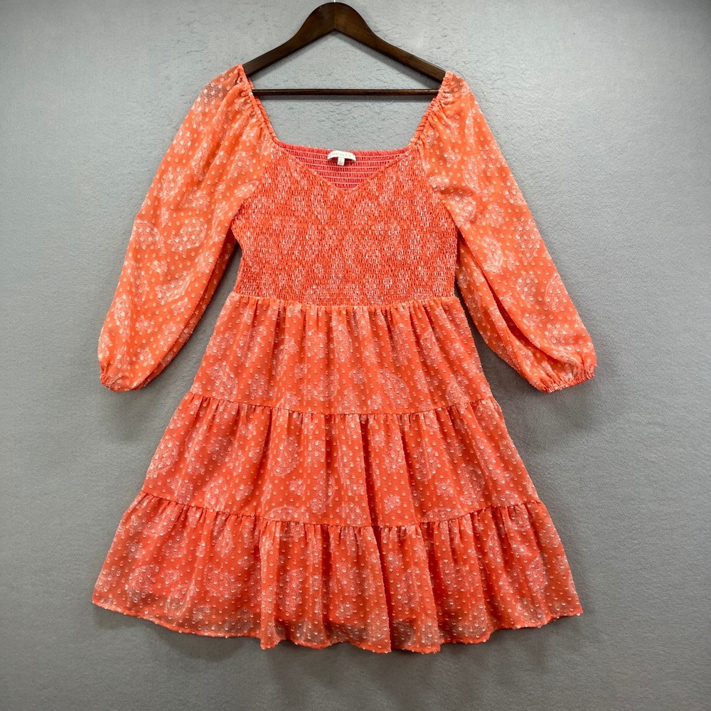 Skies Are Blue Mini Dress Womens L Coral Smocked Tiered Boho Paisley Puff Sleeve